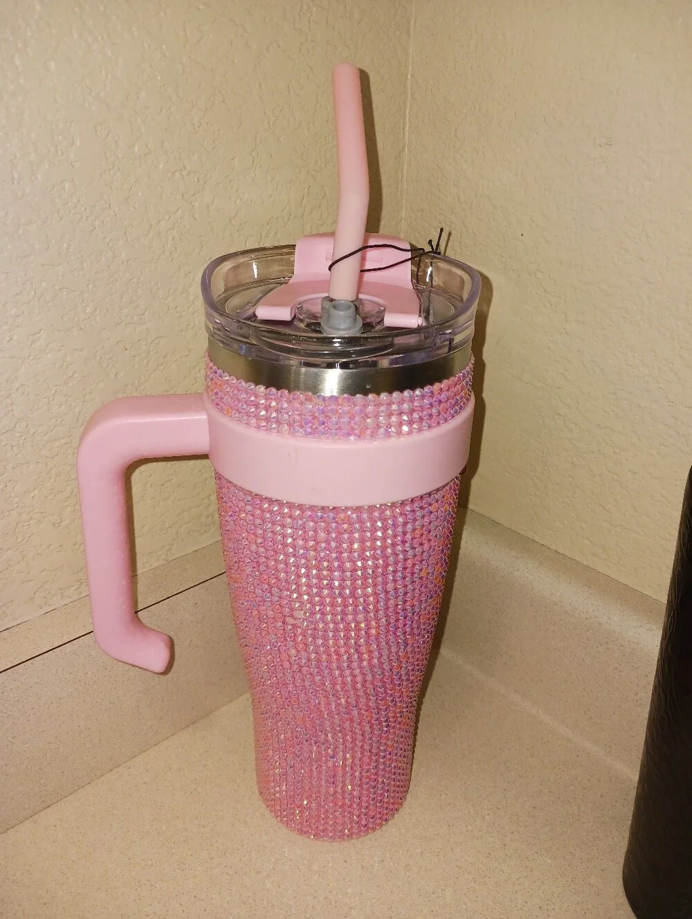 Pink Rhinestone Bling Travel Tumbler with Handle and Straw - Pink